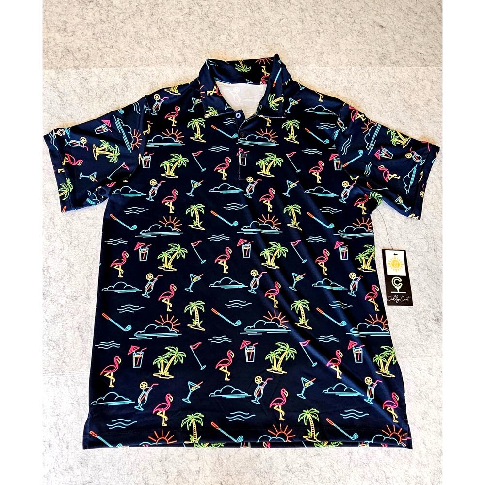 Caddy Cart Electric Avenue Polo, Navy, Performance UPF 50 Golf Shirt Mens Sz L